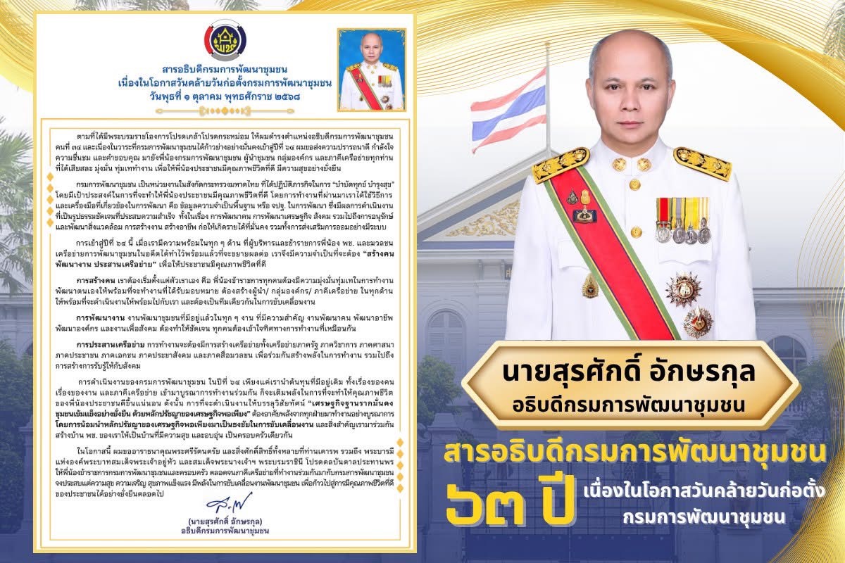 สารอธิบดีกรมการพัฒนาชุมชน เนื่องในโอกาสวันคล้ายวันก่อตั้งกรมการพัฒนาชุมชน วันพุธที่ ๑ ตุลาคม พุทธศักราช ๒๕๖๘